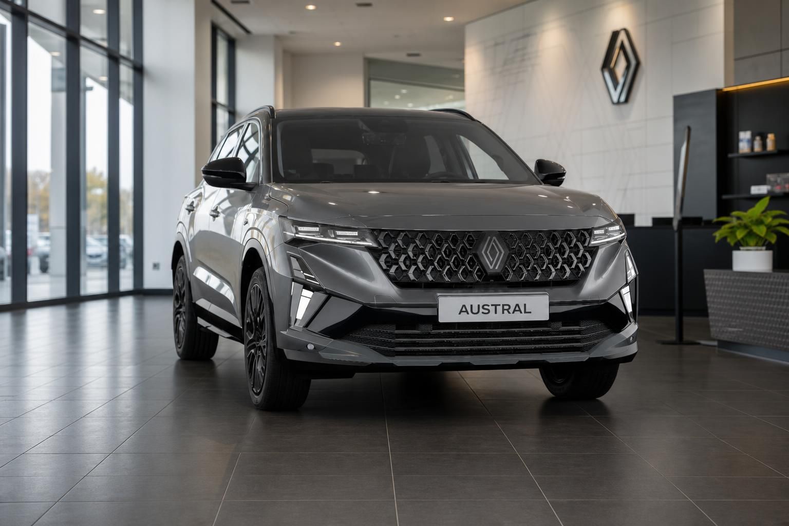 Renault Austral E-Tech grau Frontansicht im Autohaus Showroom