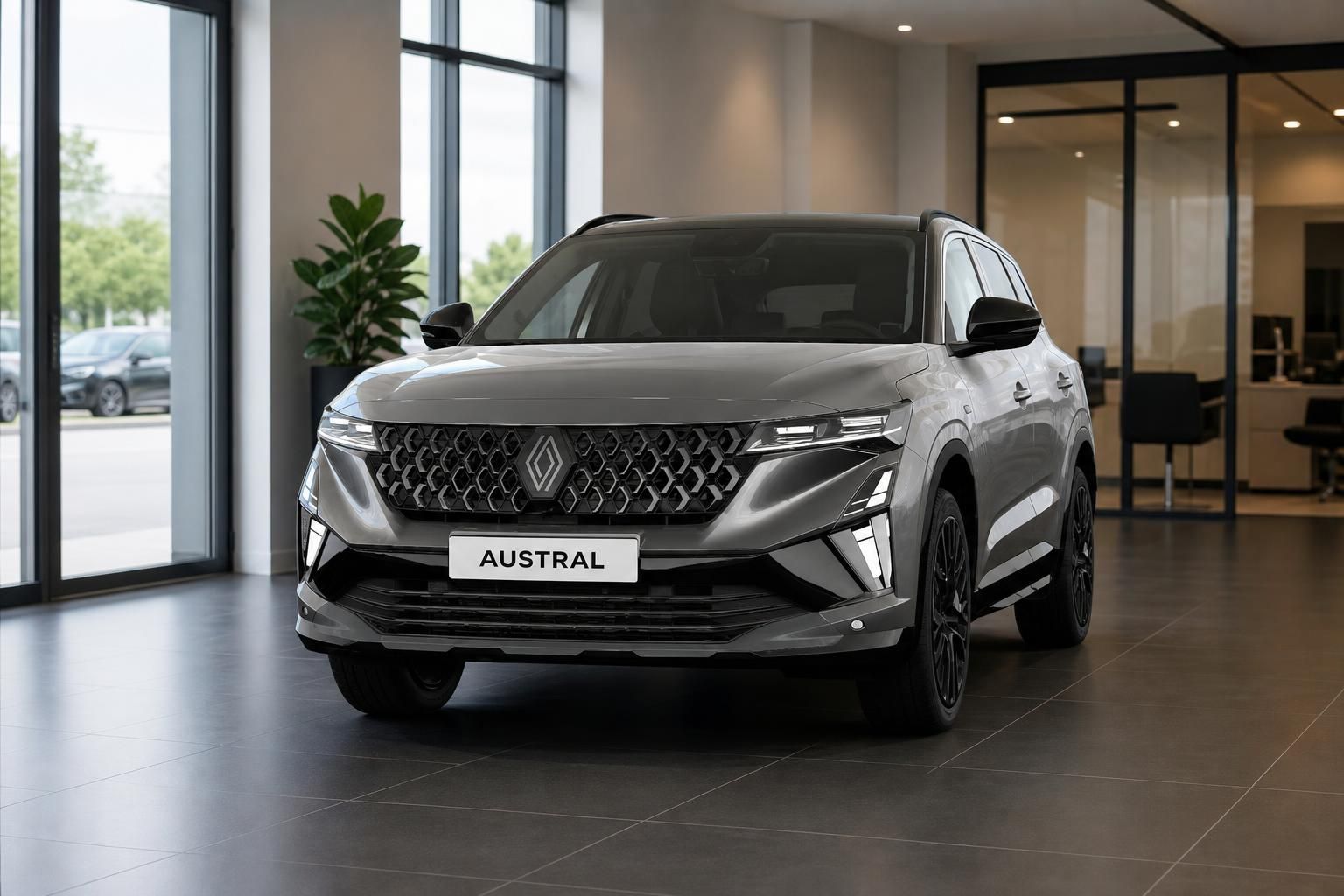 Renault Austral grau Frontansicht im Autohaus – SUV mit schwarzem Kühlergrill und LED-Scheinwerfern