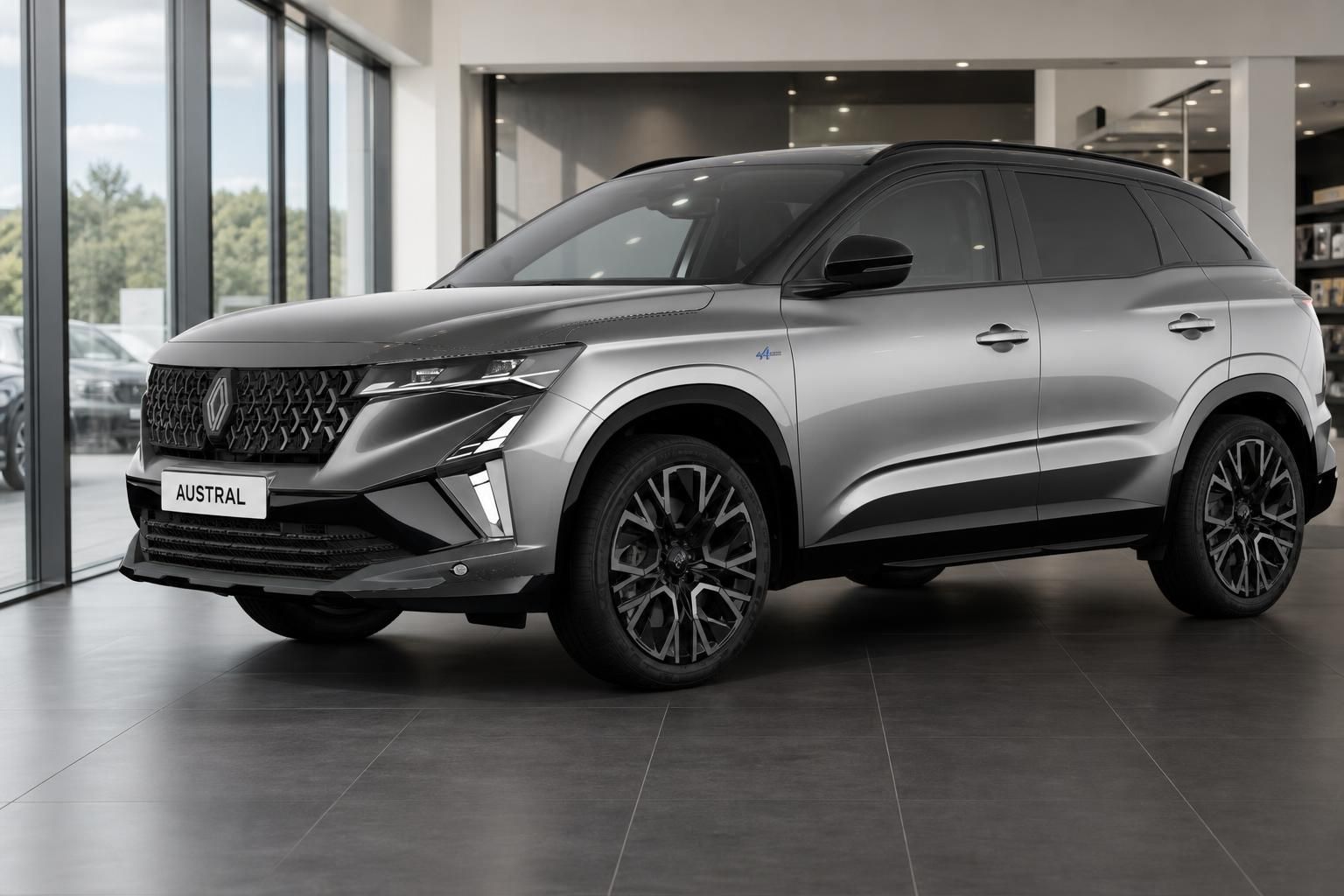 Renault Austral Frontansicht schräg silber-schwarz im Autohaus mit Allradantrieb und Sportfelgen