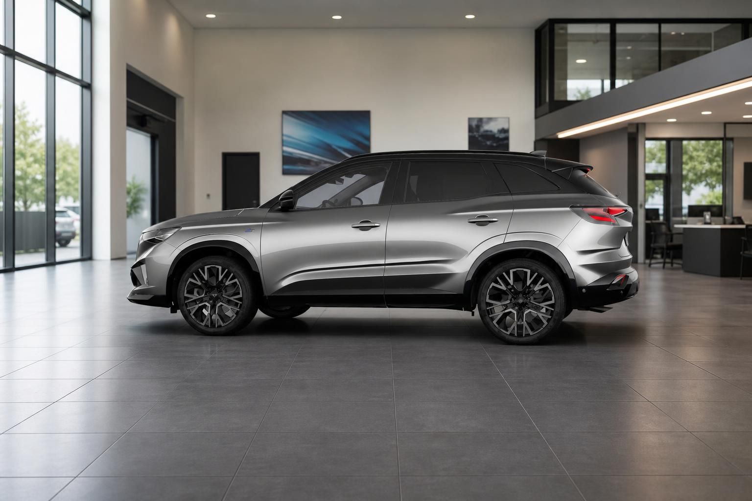 Renault Austral SUV silber Seitenansicht im modernen Autohaus mit schwarzem Dach und Sportfelgen