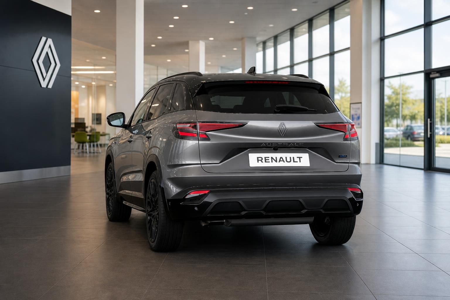 Renault Australe SUV grau Heckansicht im Autohaus mit LED-Rückleuchten und schwarzem Spoiler