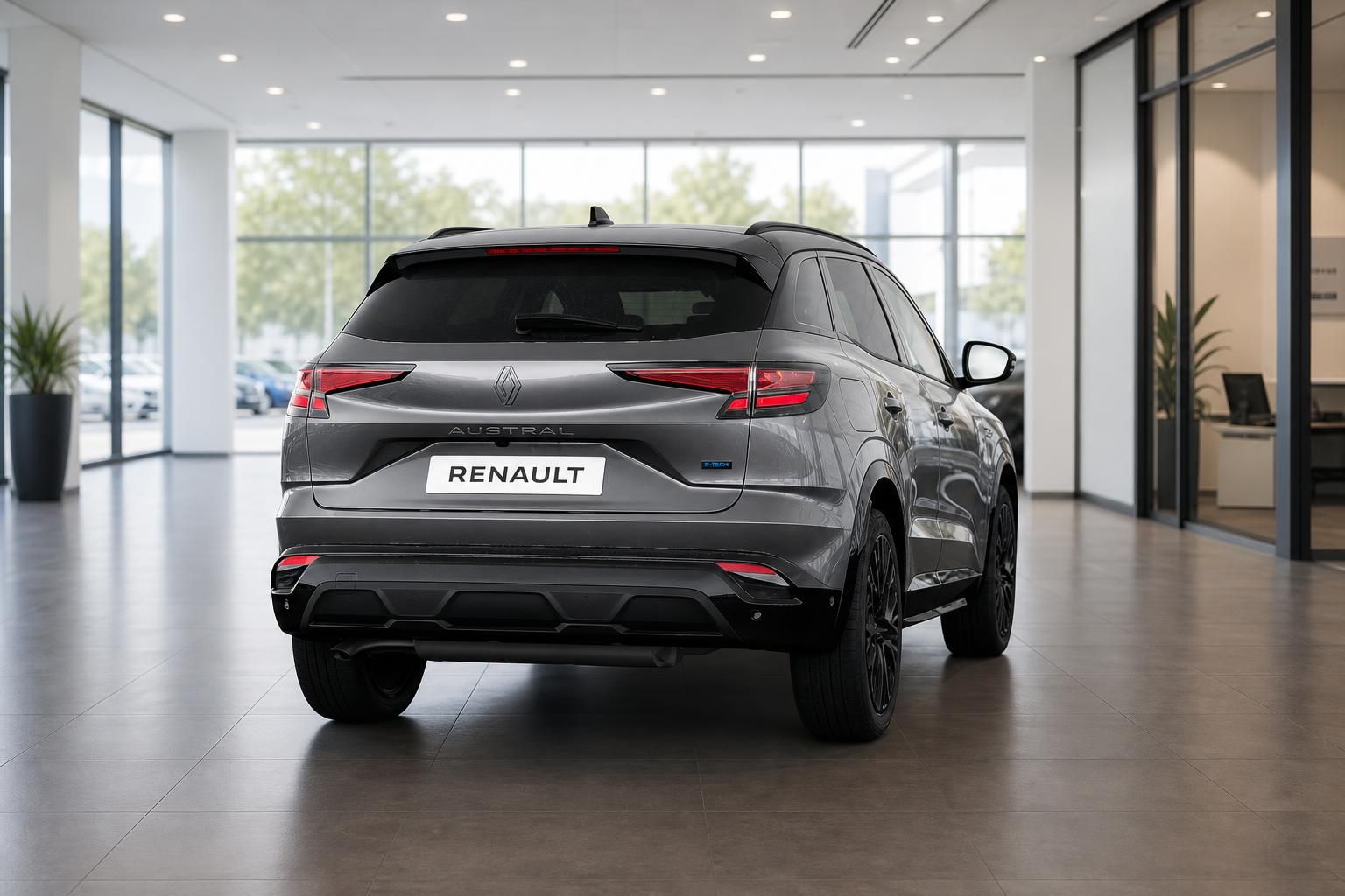 Renault Austral E-Tech grau Heckansicht im Autohaus Showroom