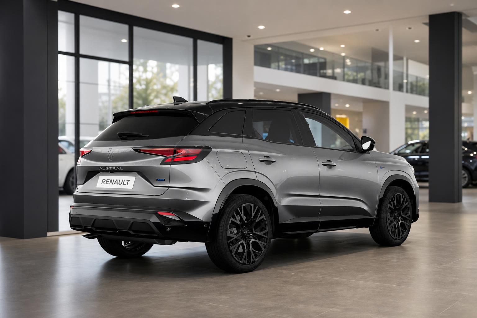 Renault Austral grau Heckansicht im Autohaus – SUV mit schwarzen Felgen und LED-Rückleuchten
