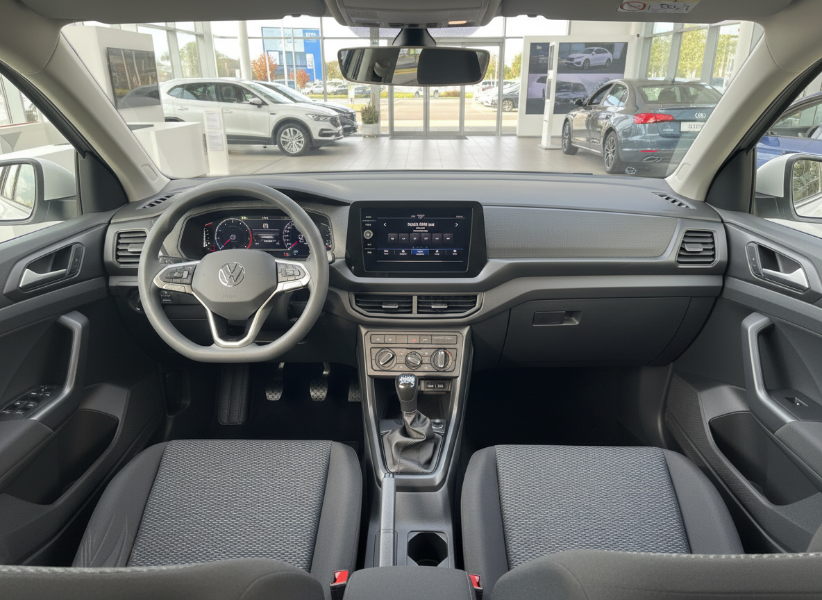 Volkswagen T-Cross Innenraum mit Cockpit, Touchscreen und Schaltgetriebe
