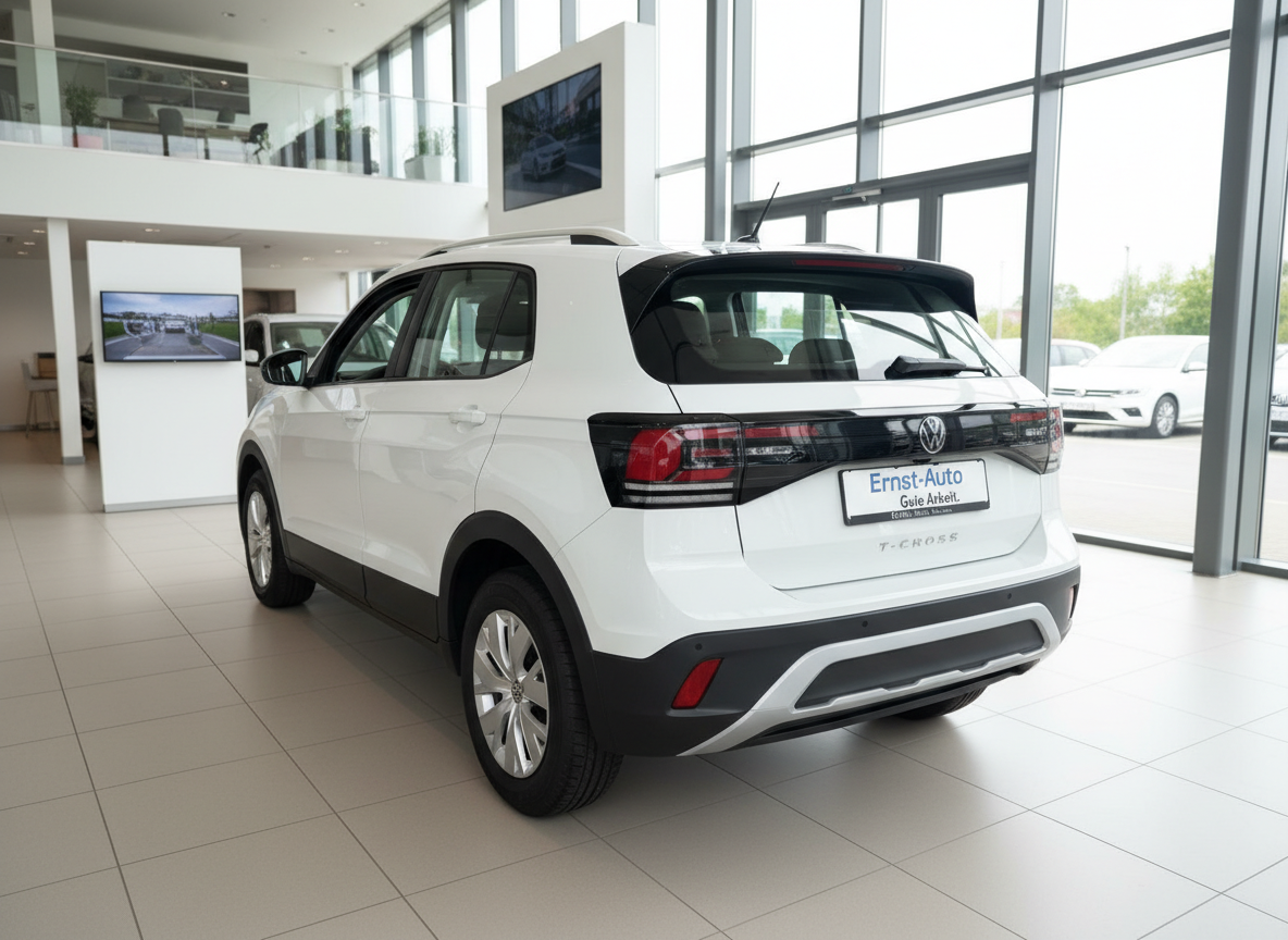 Volkswagen T-Cross in Weiß – Heckansicht im VW-Autohaus Ernst-Auto