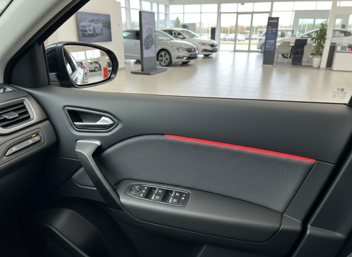 SEAT Leon FR Innenraum Fahrertür mit roten Akzenten und Fensterheberschaltern im Autohaus