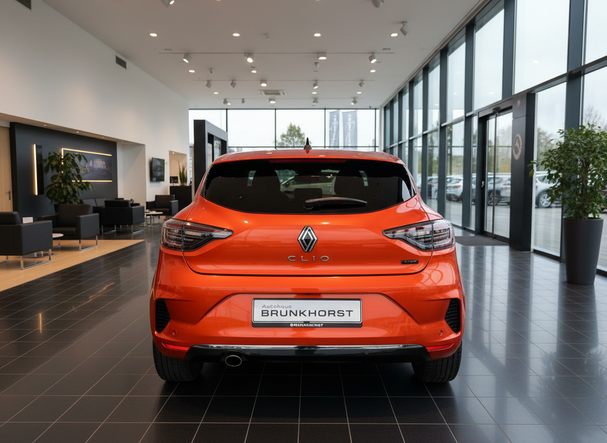 Orangefarbener Renault Clio Heckansicht im Autohaus Brunkhorst Showroom mit modernem Interieur und großen Fensterfronten