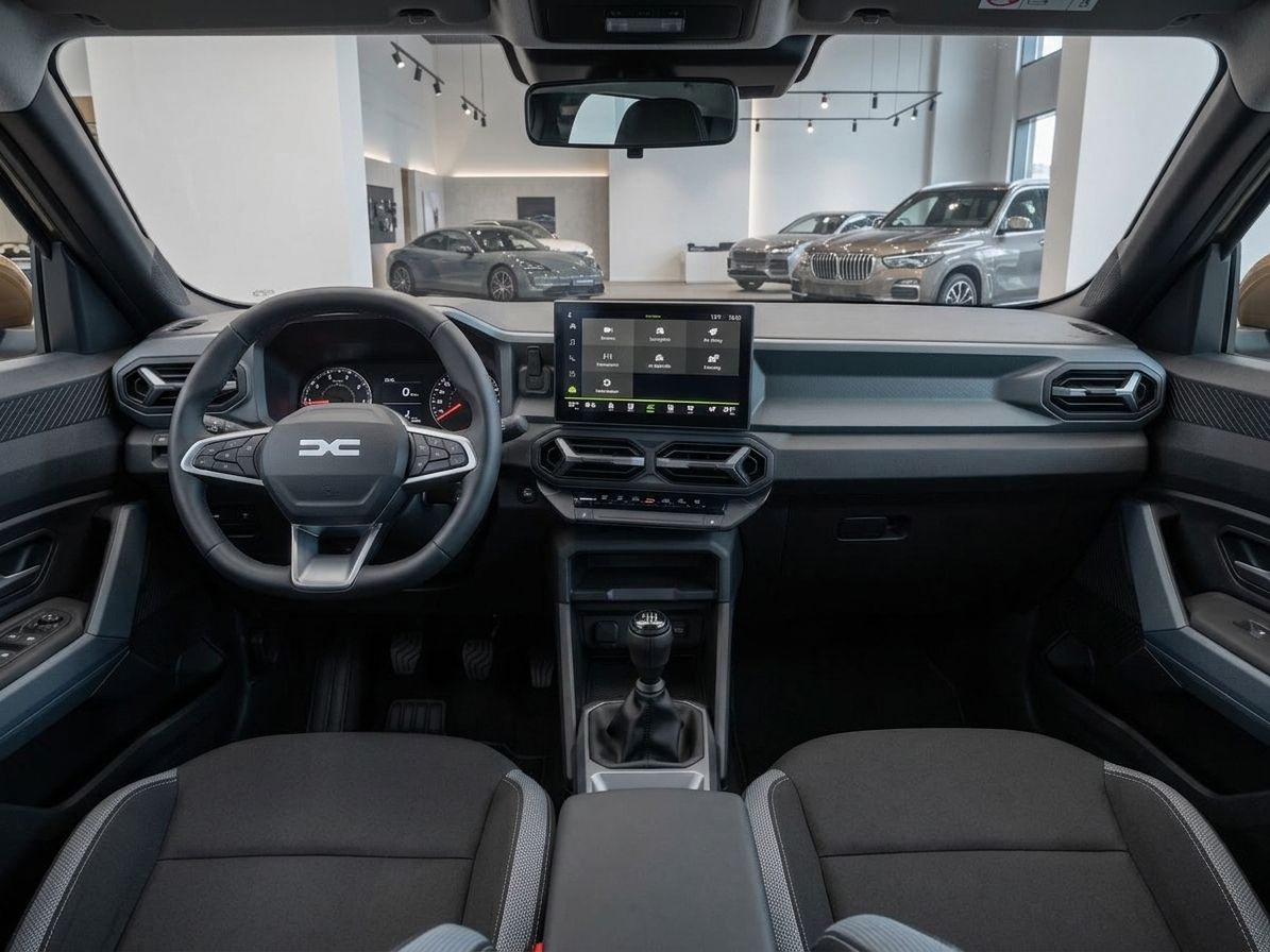 PKW Innenraum mit modernem Cockpit, Touchscreen und manueller Schaltung im Autohaus