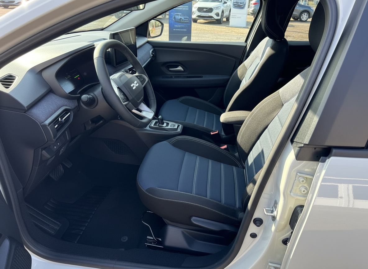 Fahrzeuginnenraum mit schwarzen Stoffsitzen, Lenkrad und Mittelkonsole – Fahrer- und Beifahrersitz