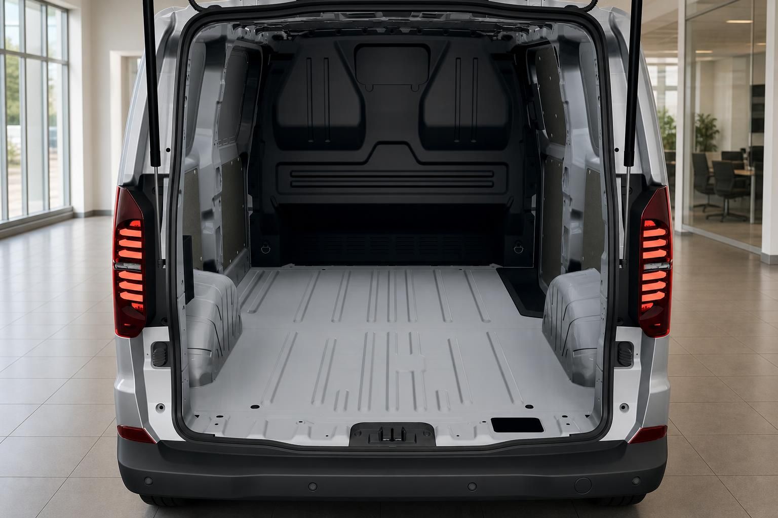 Leerer Laderaum des VW Transporter mit geöffneten Hecktüren
