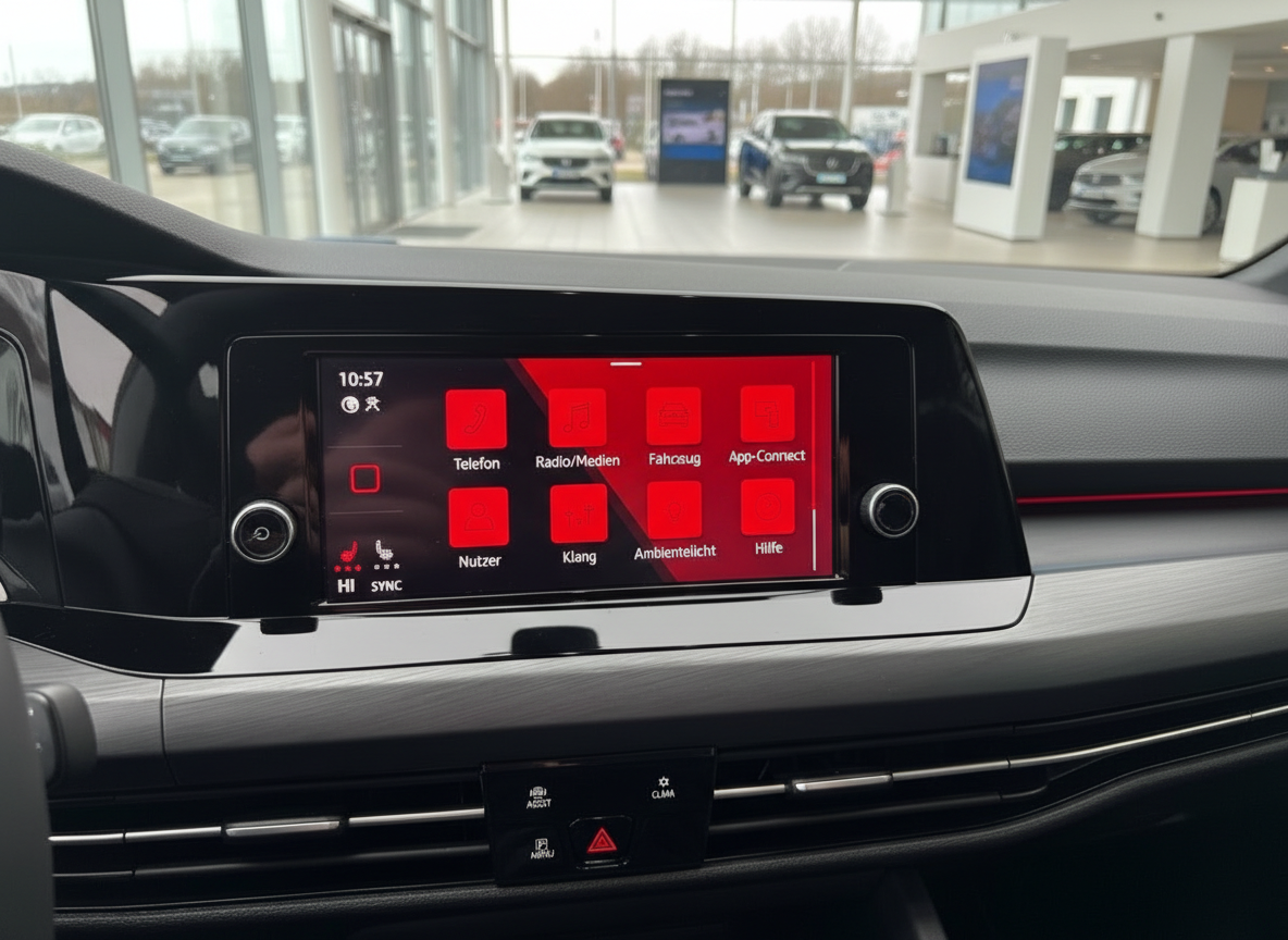 VW Golf Innenraum Infotainment-Display mit rotem Menü – Volkswagen Touchscreen Übersicht