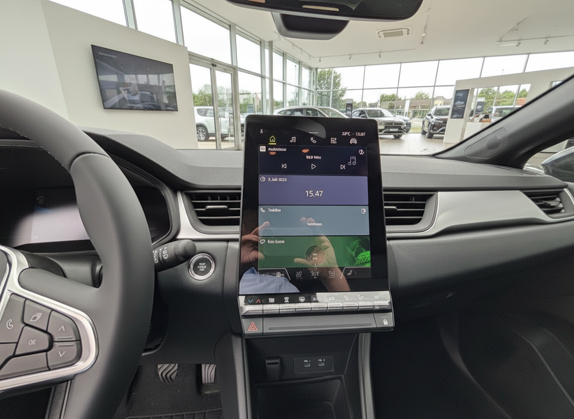Renault Innenraum mit großem vertikalem Touchscreen-Display im Autohaus