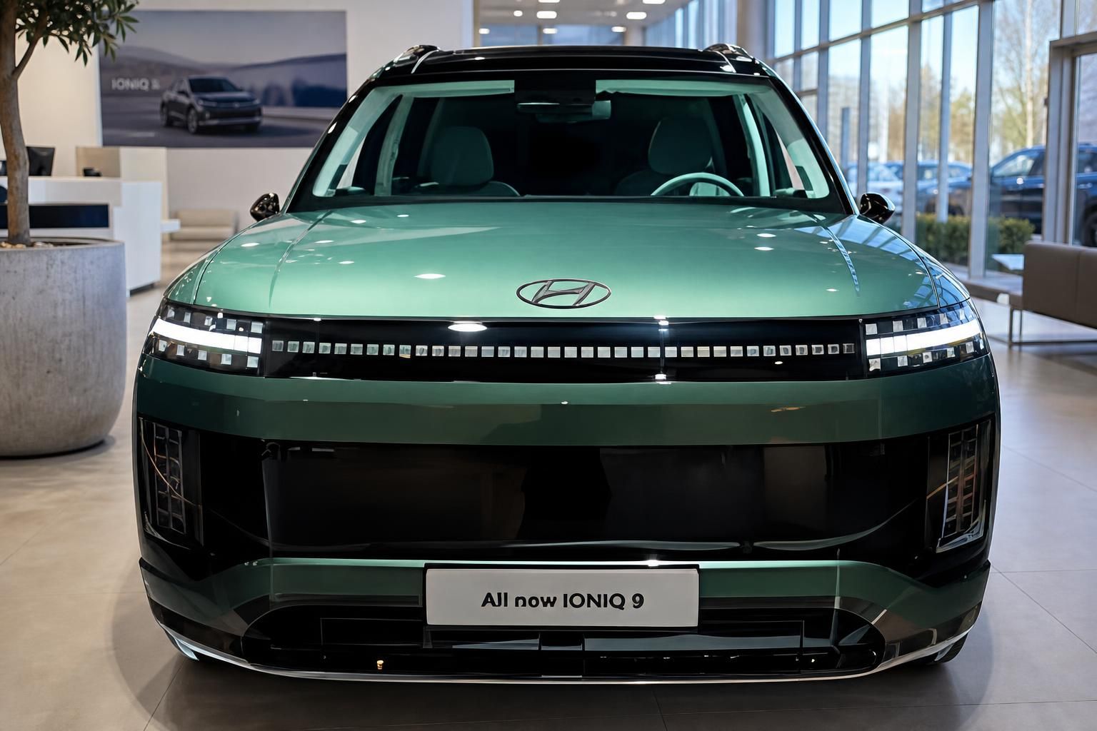 Hyundai Ioniq 9 Frontansicht in Gruen mit LED-Tagfahrlicht