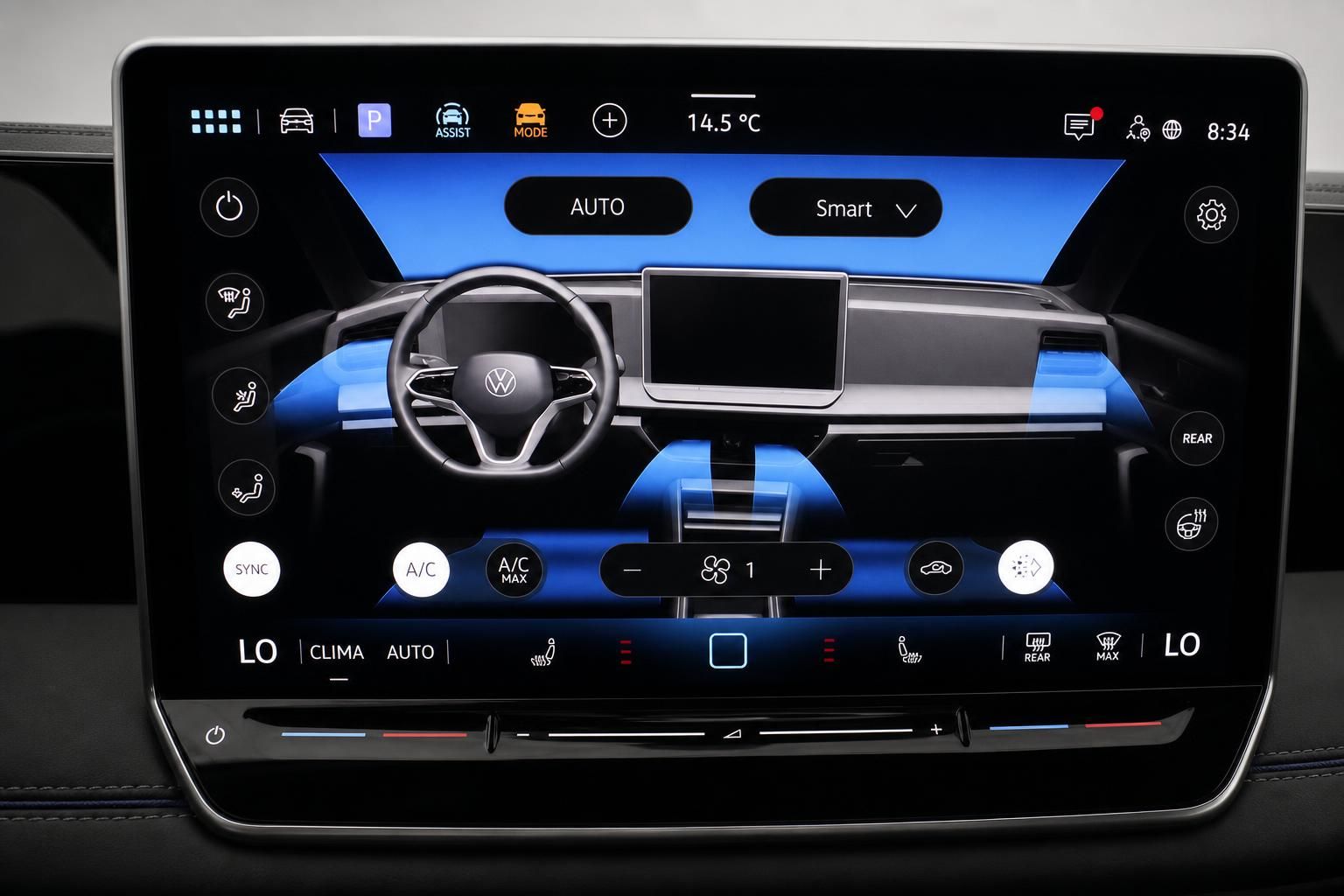 VW Touchscreen mit Klimabedienung und digitaler Fahrzeugansicht