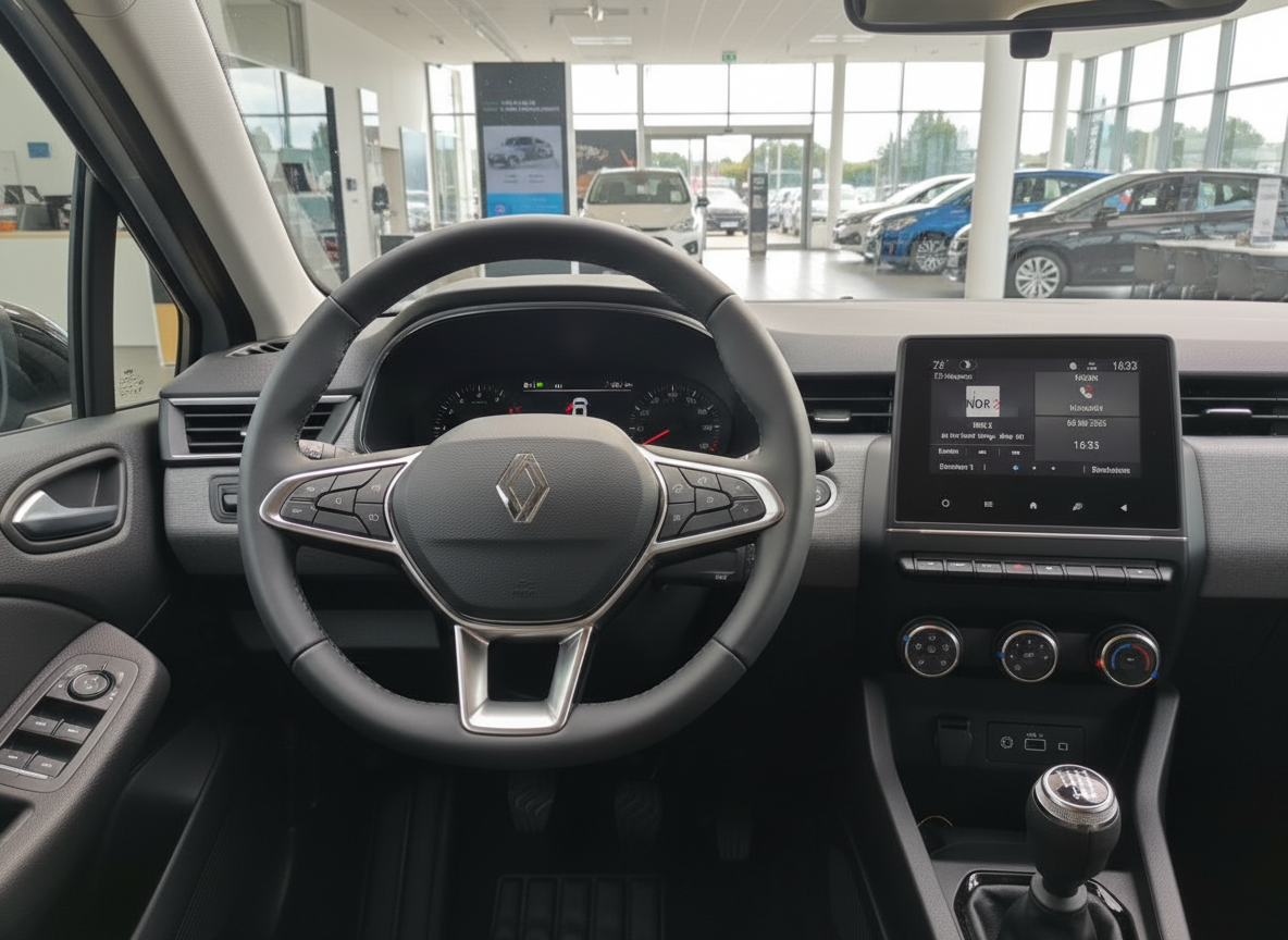 Renault Clio Innenraum mit Lenkrad, Instrumententafel und Infotainment-System im Autohaus
