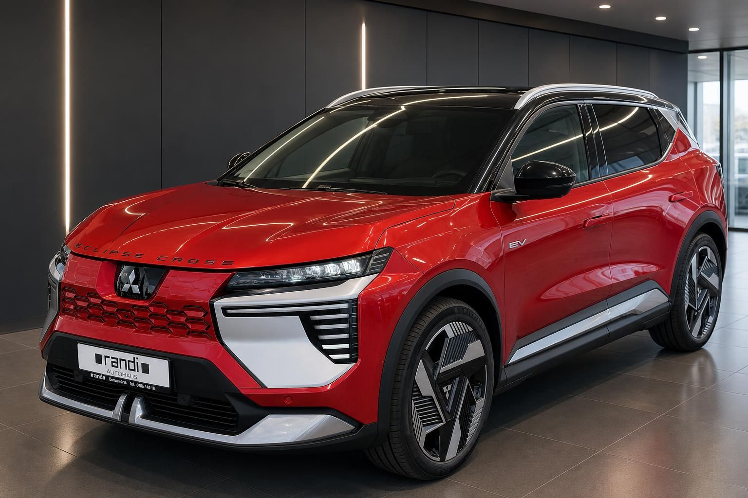 Mitsubishi Eclipse Cross EV rot Schrägansicht vorne links im Showroom
