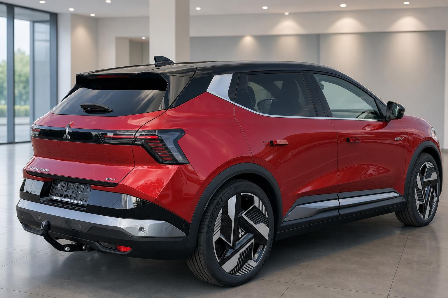 Mitsubishi Eclipse Cross EV rot – Heckansicht schräg links im Autohaus mit Tageslicht