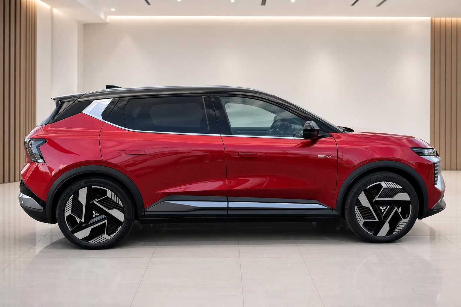 Mitsubishi Eclipse Cross EV rot – Seitenansicht links im modernen Ausstellungsraum