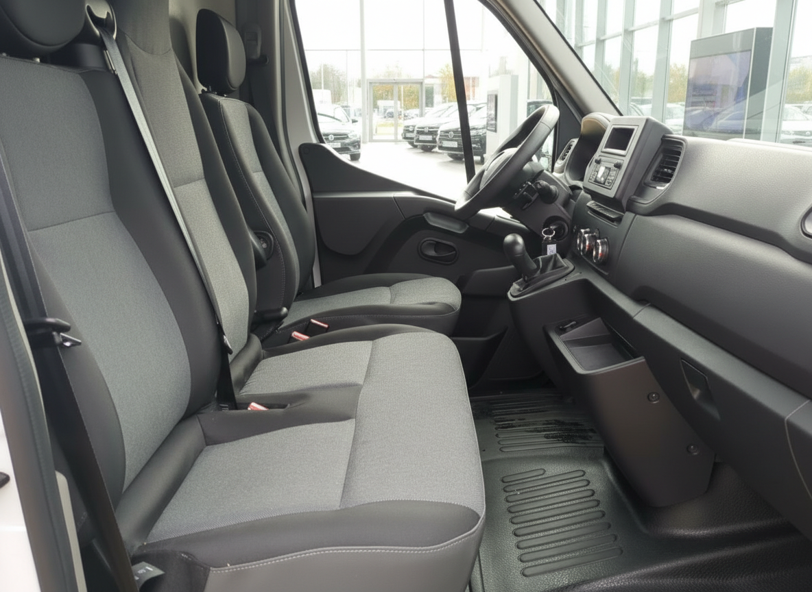 Innenraum eines Transporters mit grauem Dreisitzer-Cockpit und Schaltgetriebe