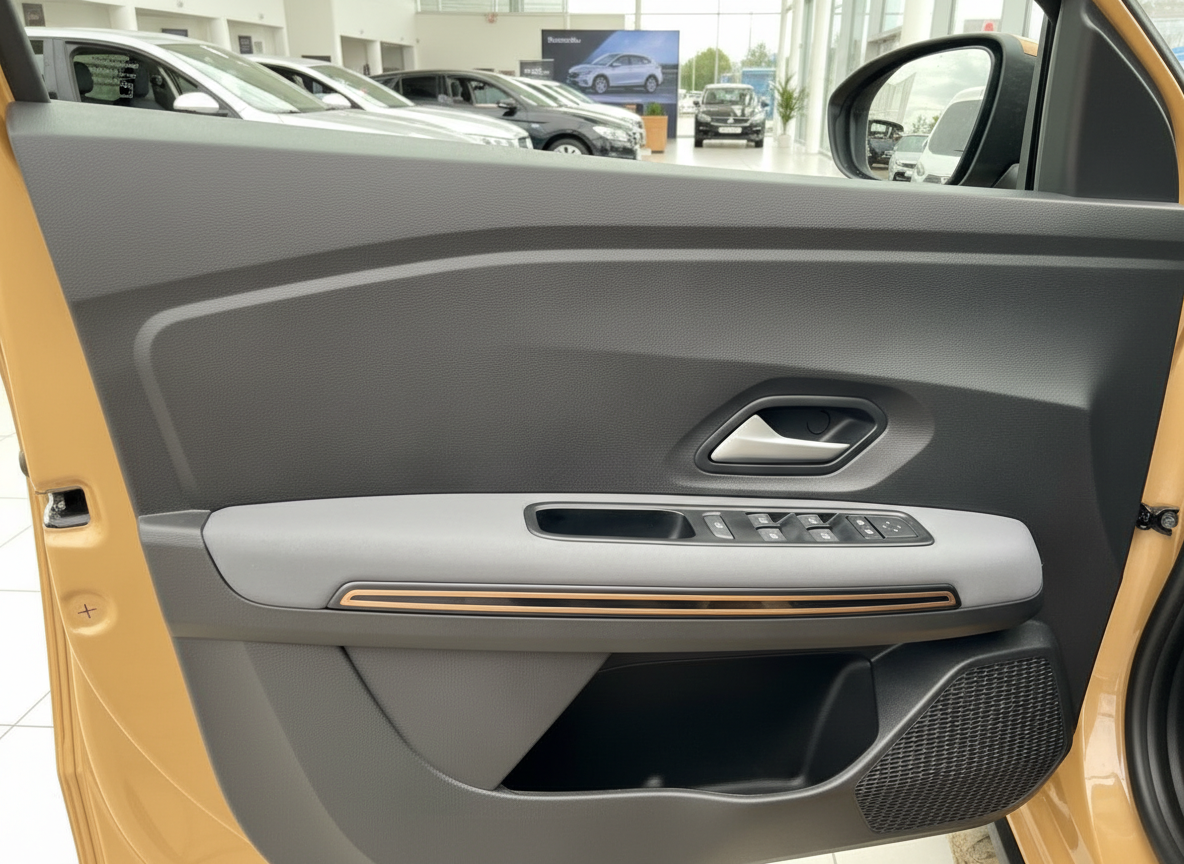 Fahrzeugtür innen mit Fensterheber und Türgriff eines goldenen Renault Captur im Autohaus