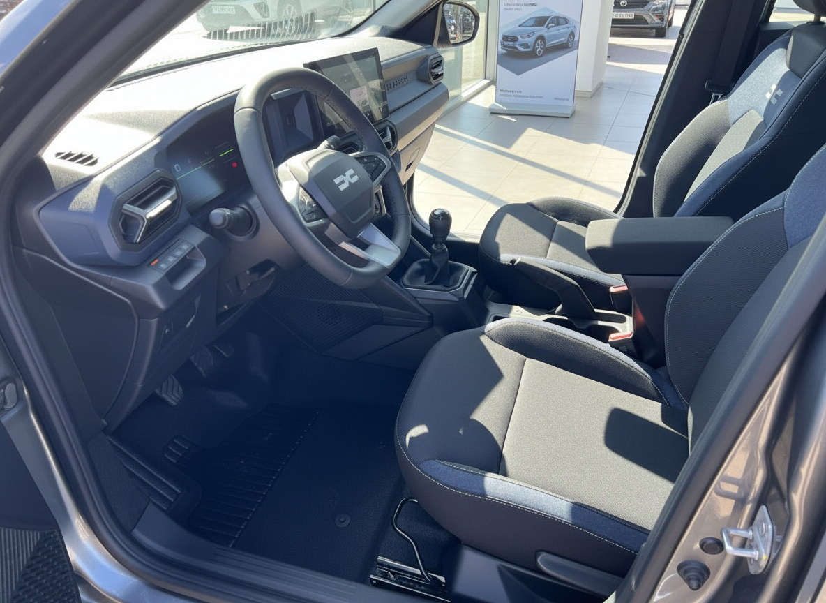 Innenraum eines modernen Fahrzeugs mit Lenkrad, Touchscreen, Schaltgetriebe und schwarzen Sportsitzen