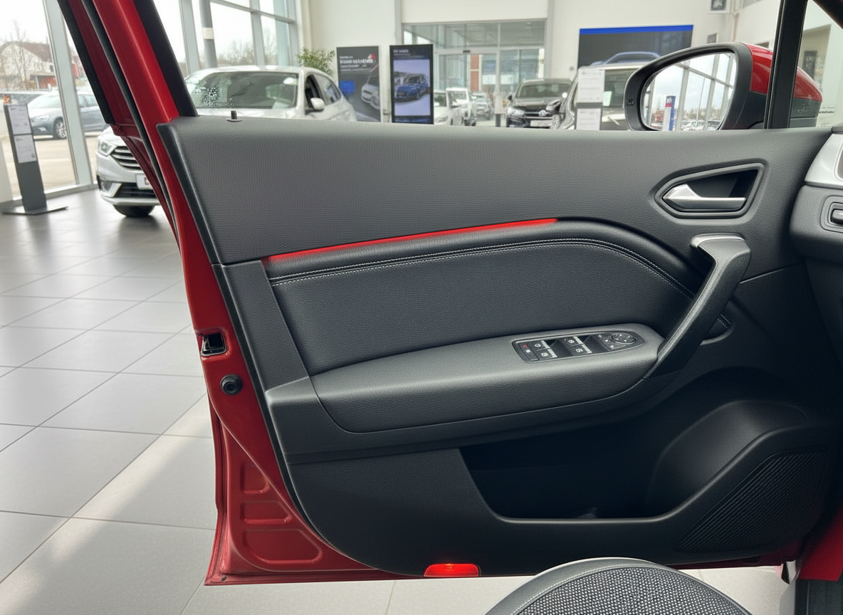 Rotes Fahrzeug Innenraum Fahrertür mit schwarzem Leder und Fensterheber-Schalter im Autohaus