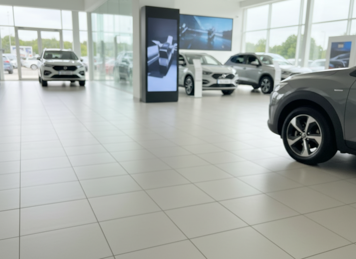Volkswagen SUV Modelle im VW Autohaus Showroom, Innenansicht mit mehreren Fahrzeugen