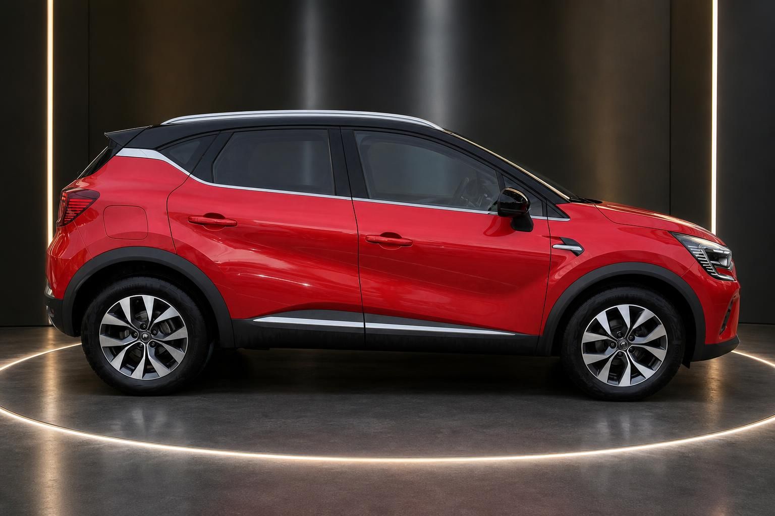 Roter Renault Captur SUV Seitenansicht in Studioumgebung