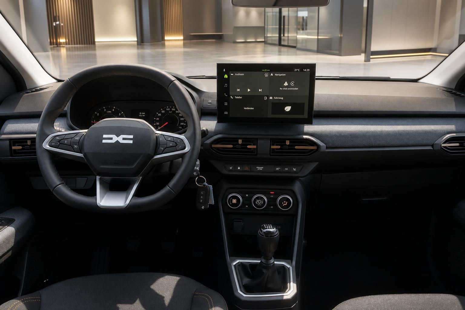 Dacia Sandero Cockpit mit Lenkrad, Touchscreen und Schaltknauf im Detail