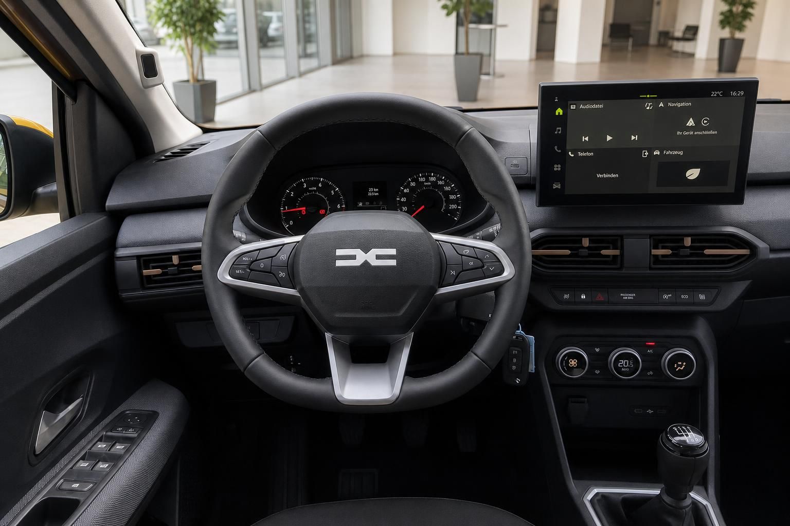 Dacia Cockpit mit Lenkrad, Tacho und Touchscreen Infotainment