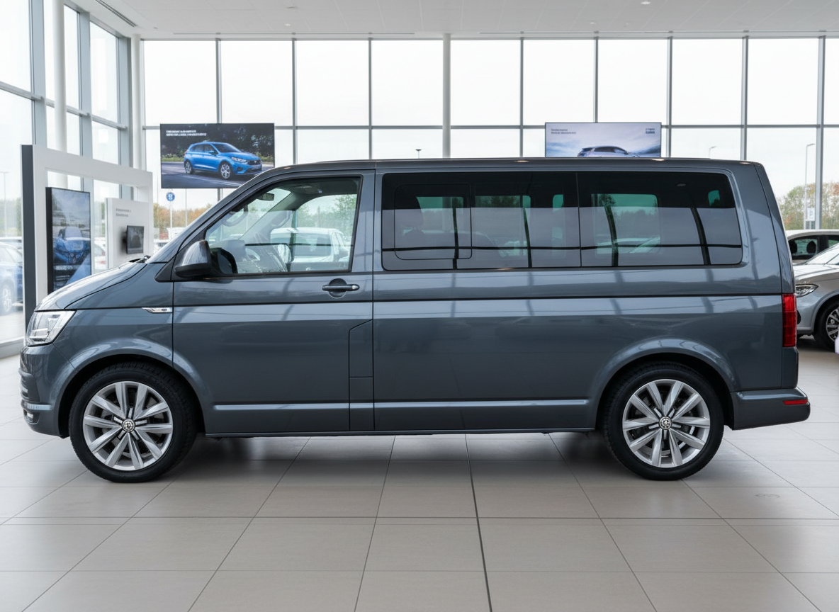 Volkswagen Transporter T6 Caravelle in Grau – Seitenansicht im Autohaus