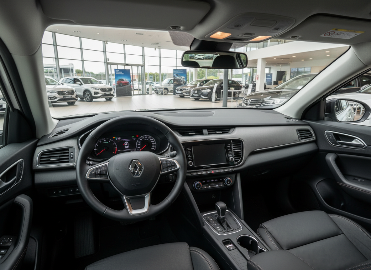 Renault Innenraum mit Lenkrad, Cockpit und Infotainment-Display im Autohaus