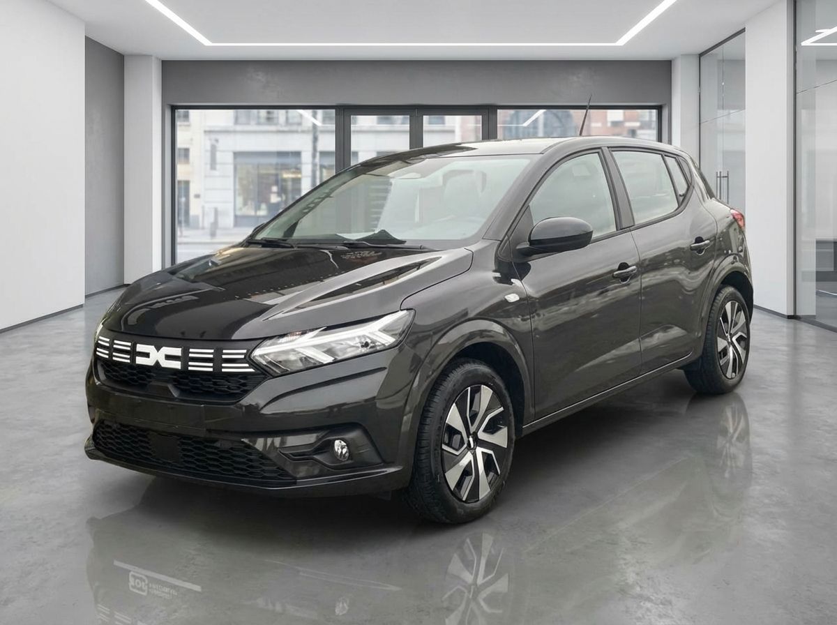 Dacia Sandero Hatchback in Dunkelgrau im Autohaus Showroom – Frontansicht schräg