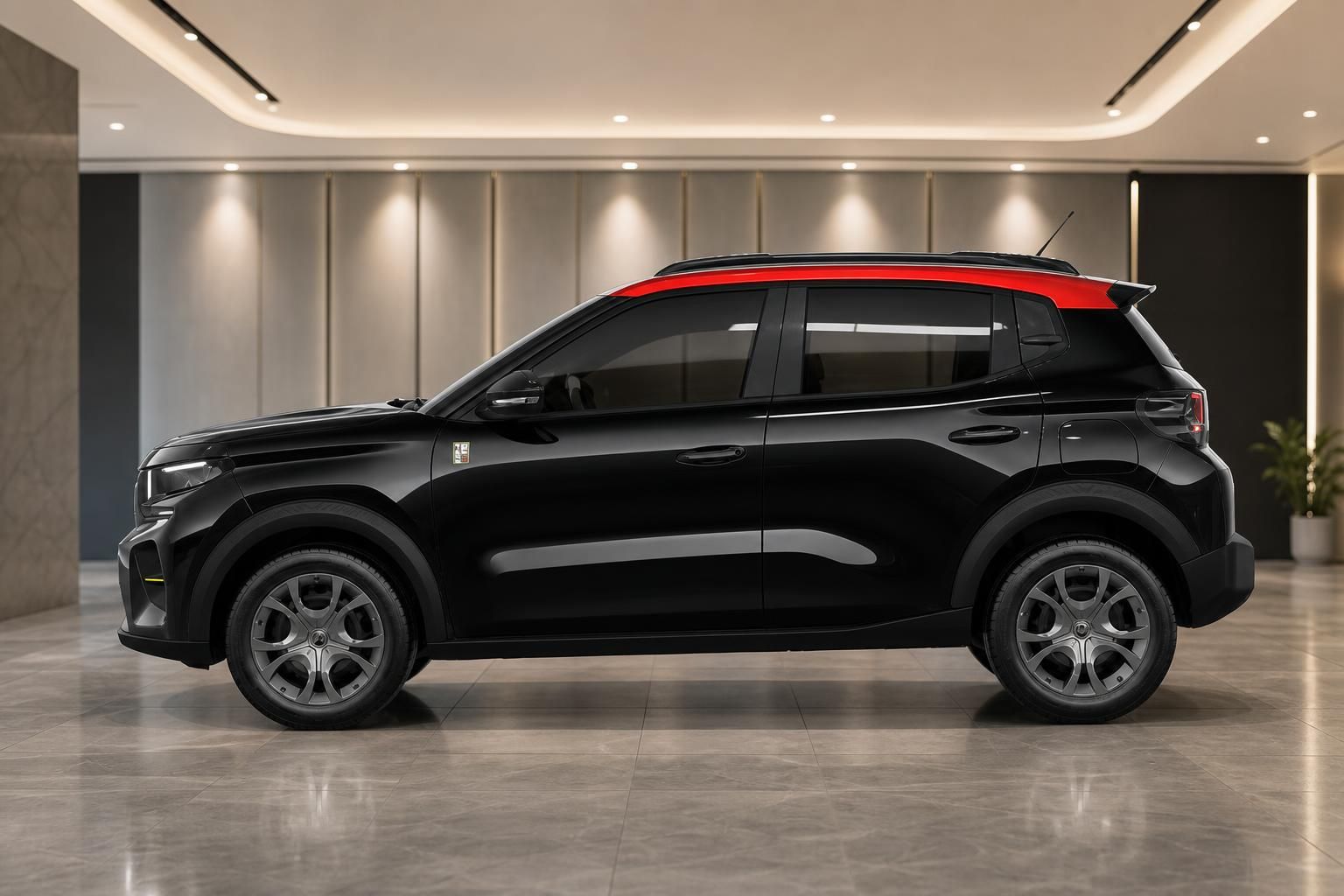 Citroën ë-C3 schwarz mit rotem Dach, Seitenansicht im Showroom