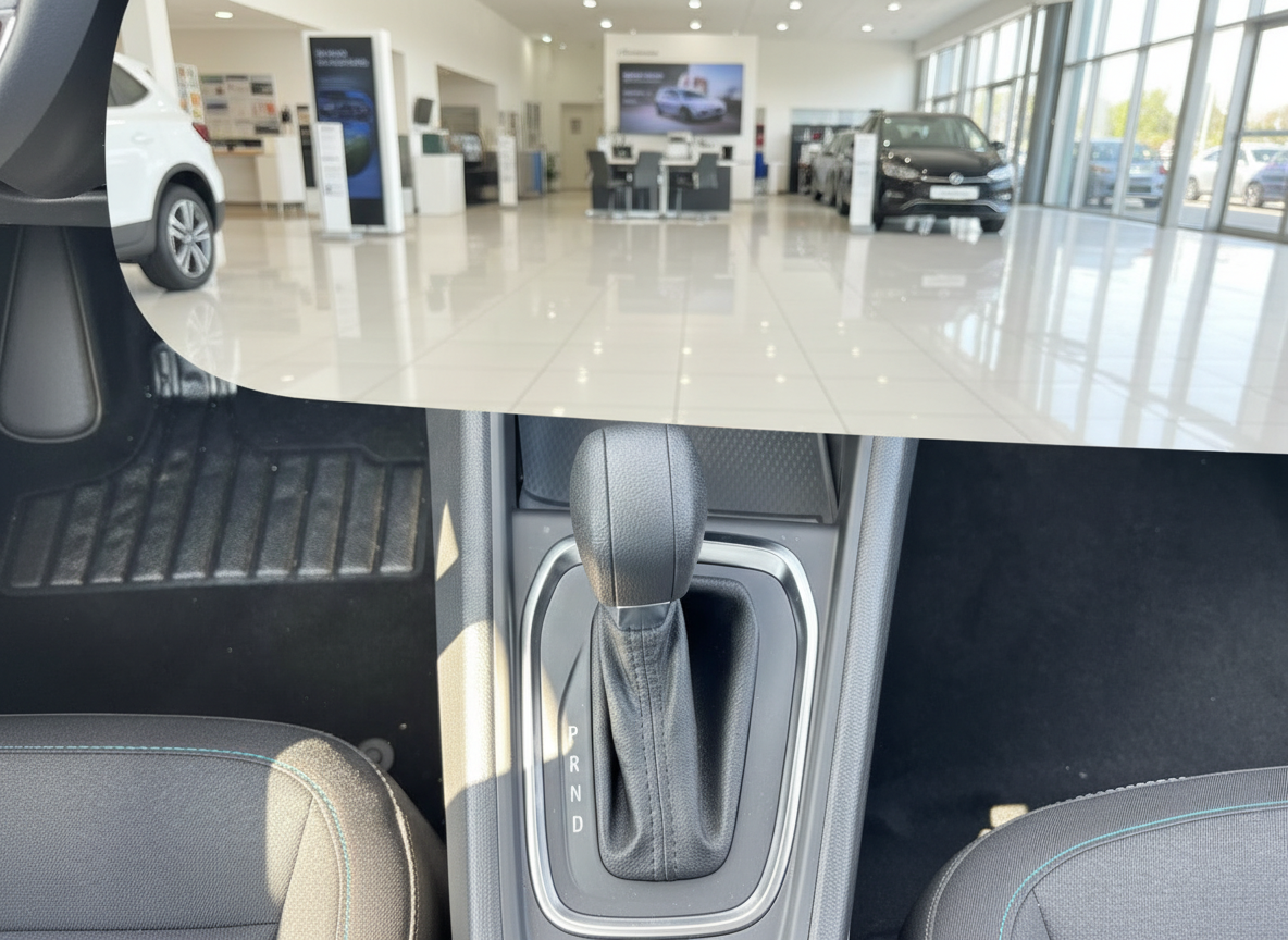 VW Fahrzeug Innenraum mit Automatikgetriebe DSG Schalthebel PRND im Autohaus