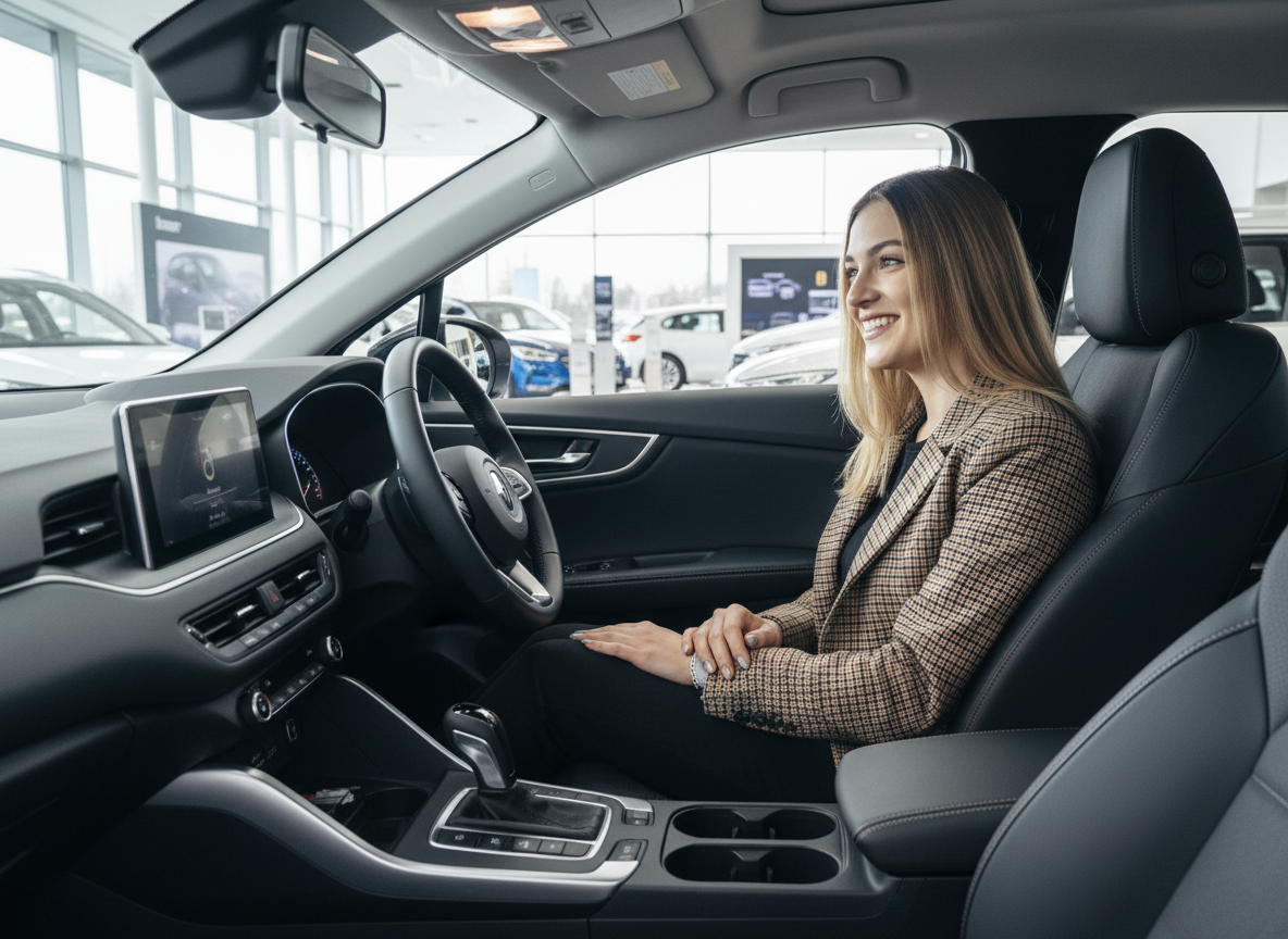 Frau sitzt lächelnd im Innenraum eines modernen Fahrzeugs im Autohaus