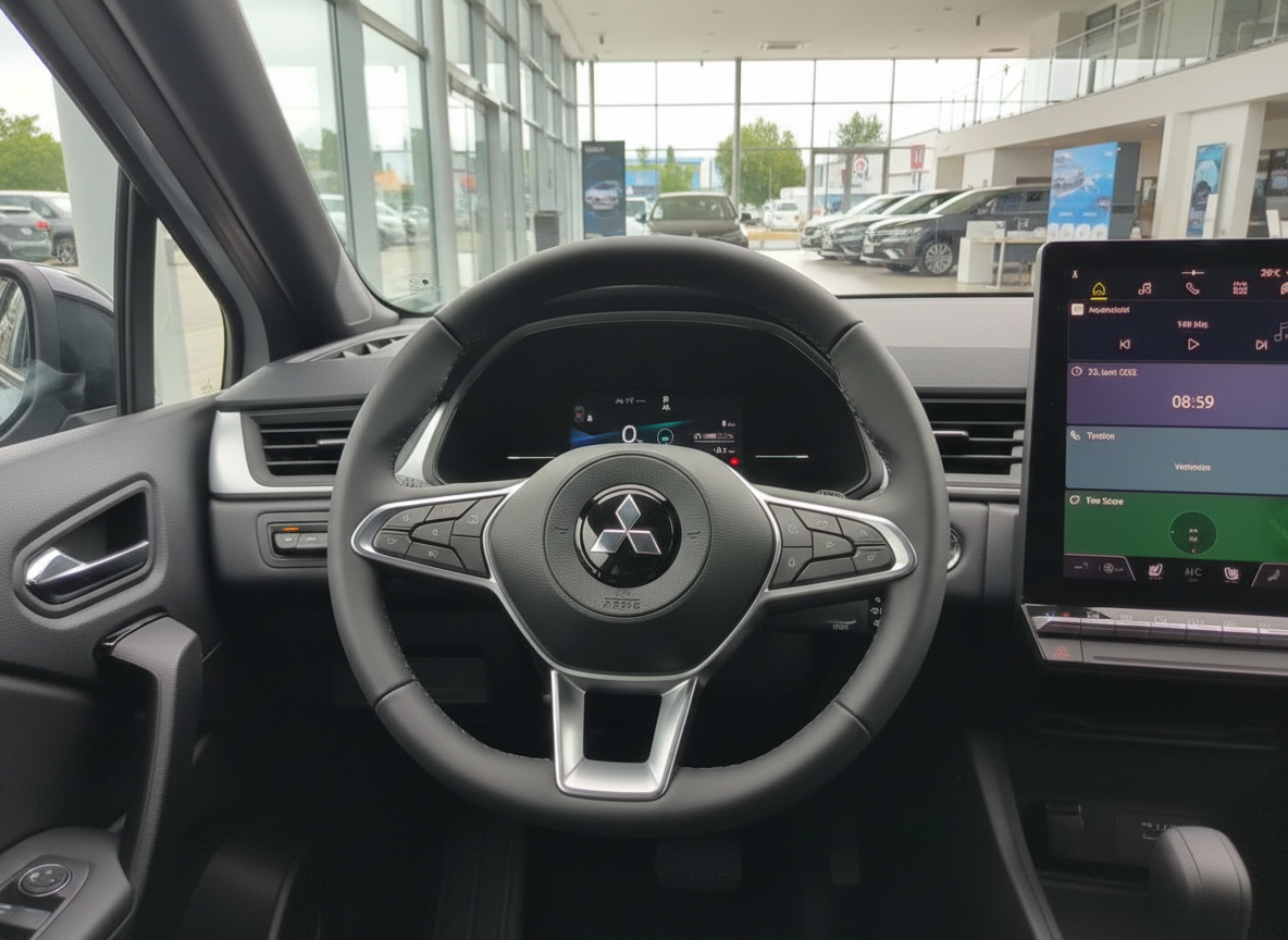 Mitsubishi Innenraum mit Lenkrad, digitalem Cockpit und Infotainment-Touchscreen im Autohaus