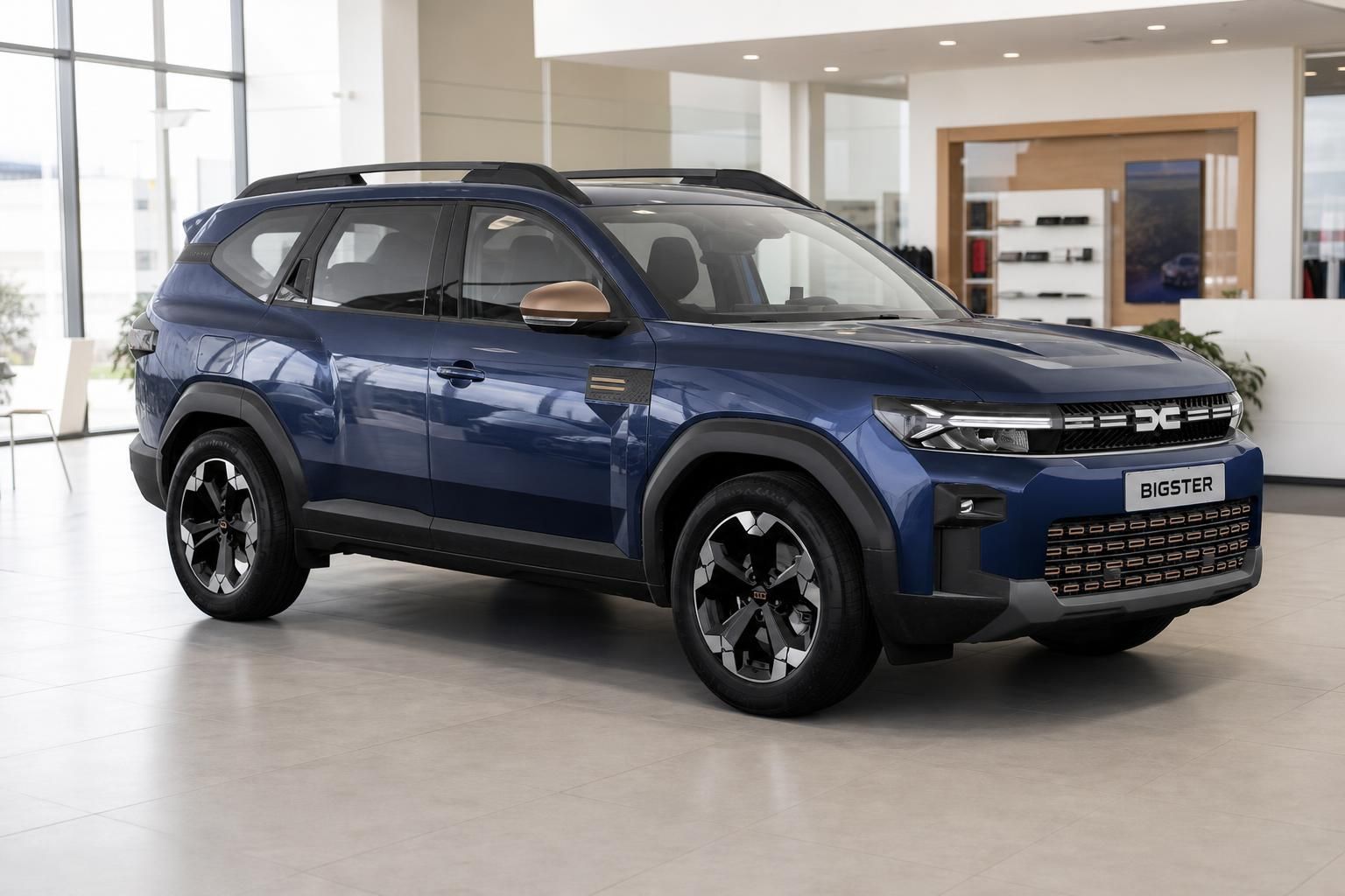 Dacia Bigster in Blau, Frontansicht im Autohaus-Showroom