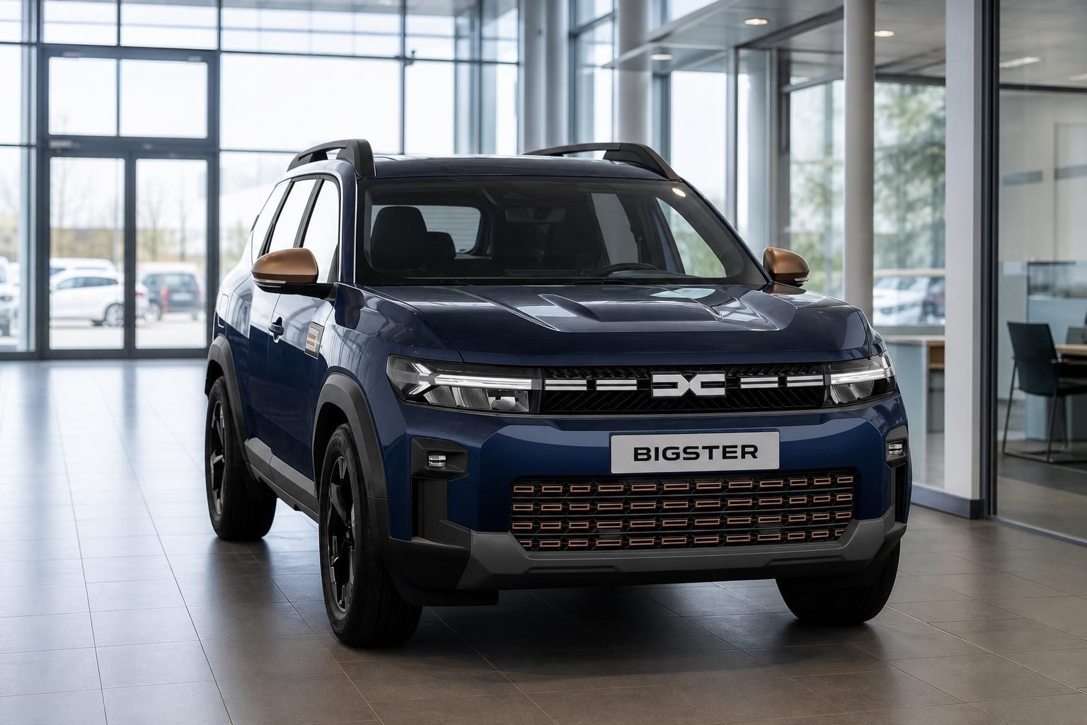 Dacia Bigster blau in Frontansicht im Autohaus-Showroom