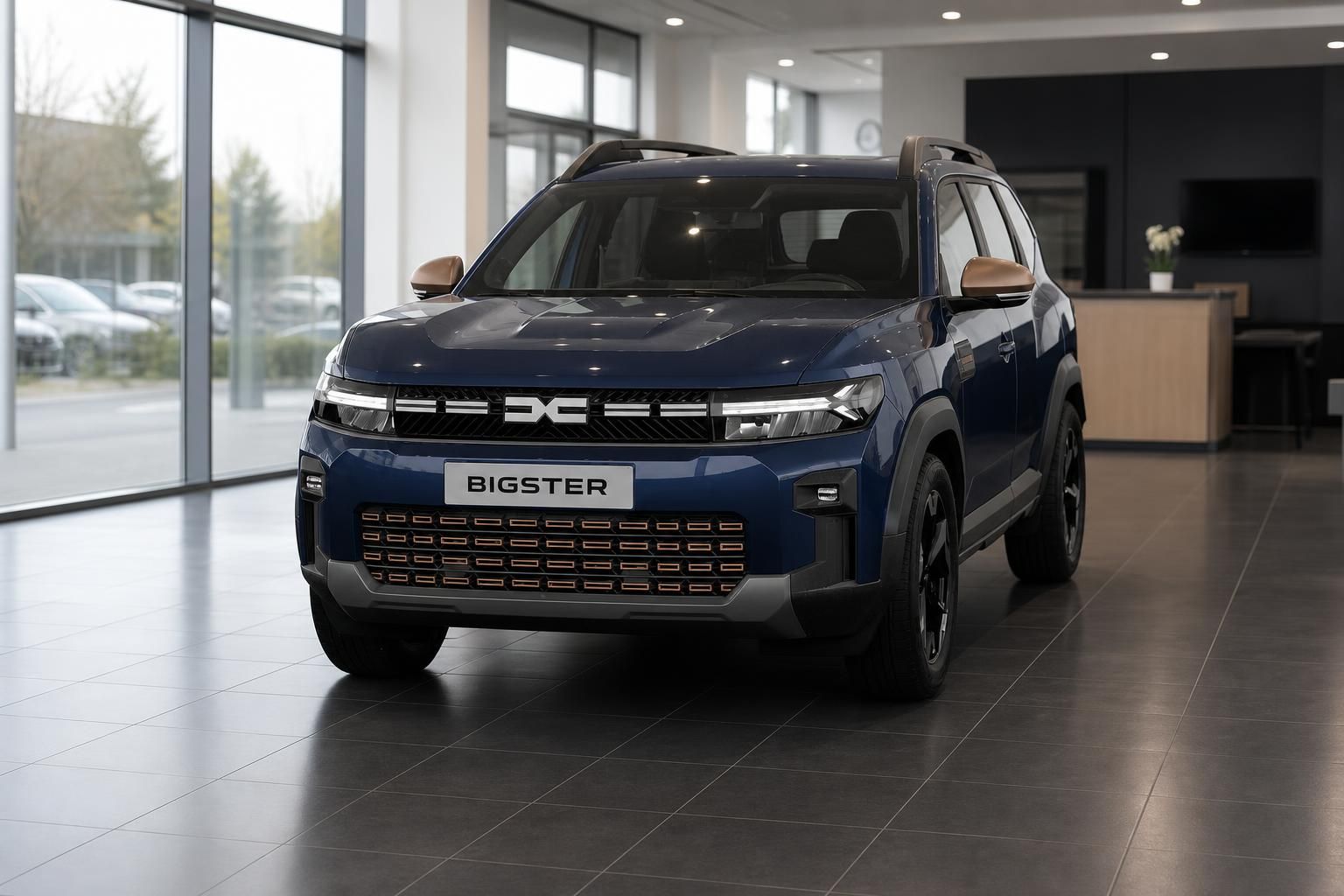 Dacia Bigster blau Frontansicht im Showroom des Autohauses