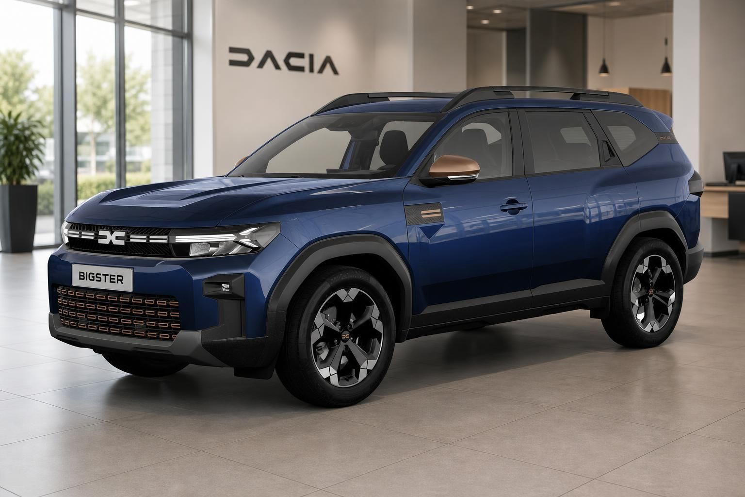 Dacia Bigster blau Frontansicht im Autohaus Showroom