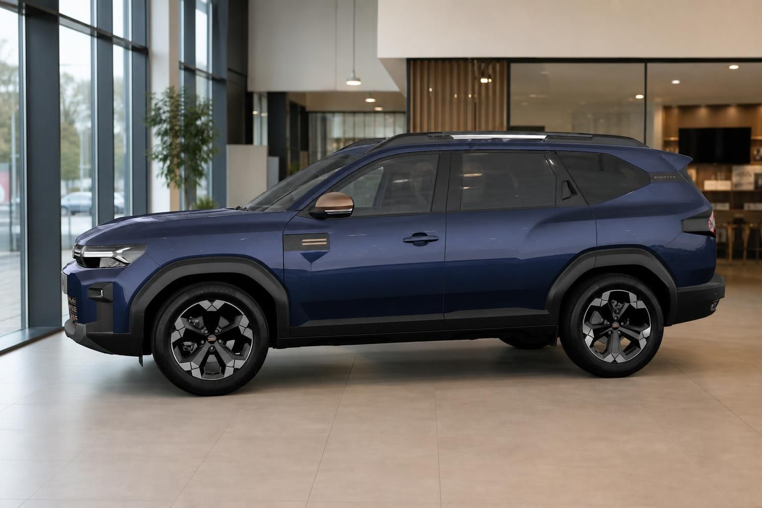 Dacia Bigster blau Seitenansicht im Showroom