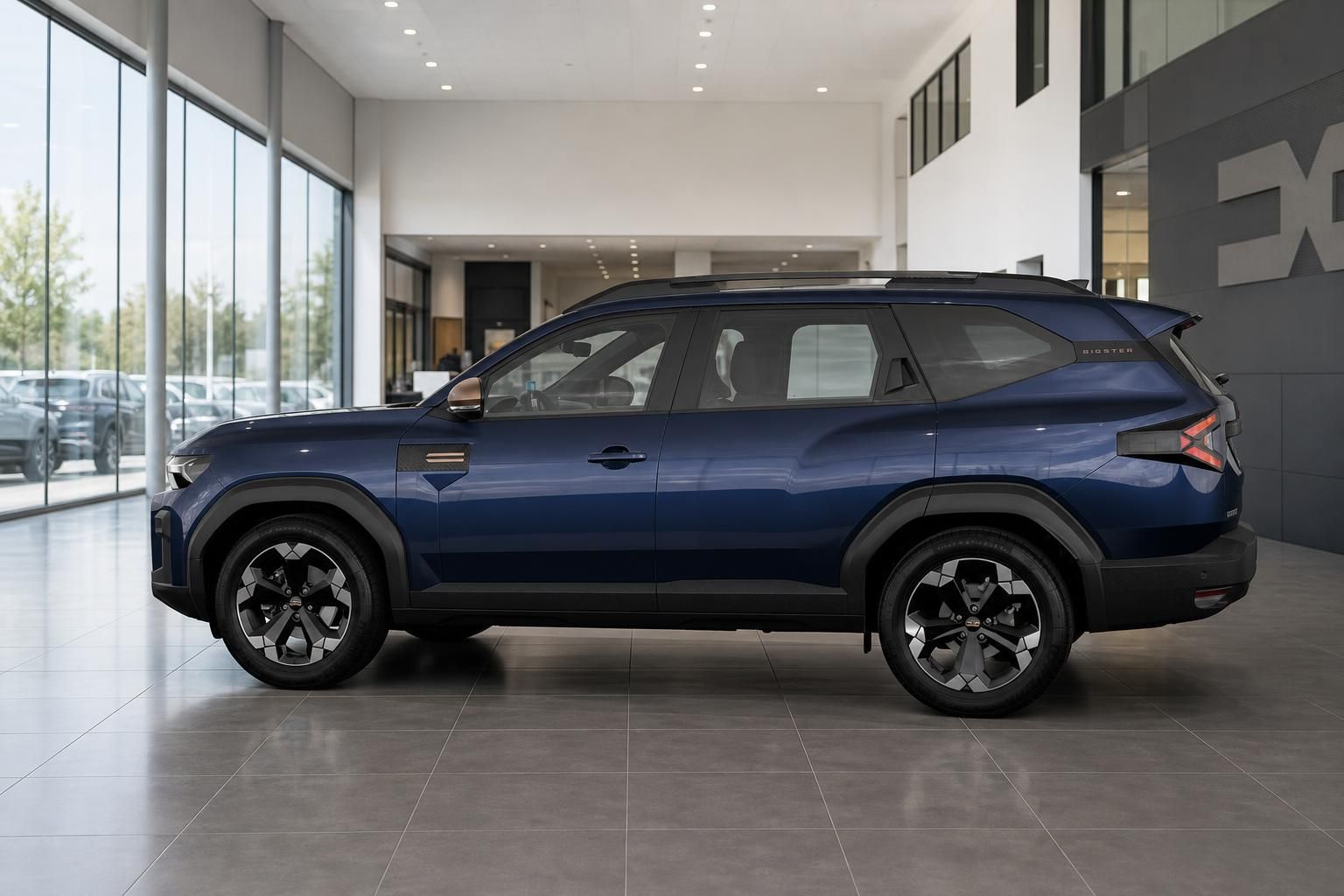 Dacia Bigster blau Seitenansicht Heckbereich im Autohaus