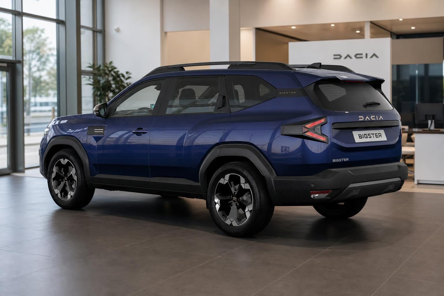 Dacia Bigster blau Heckansicht schraeg im Showroom