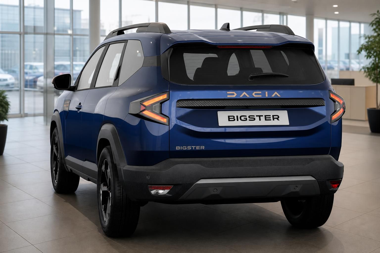 Dacia Bigster blau Heckansicht im Autohaus Showroom