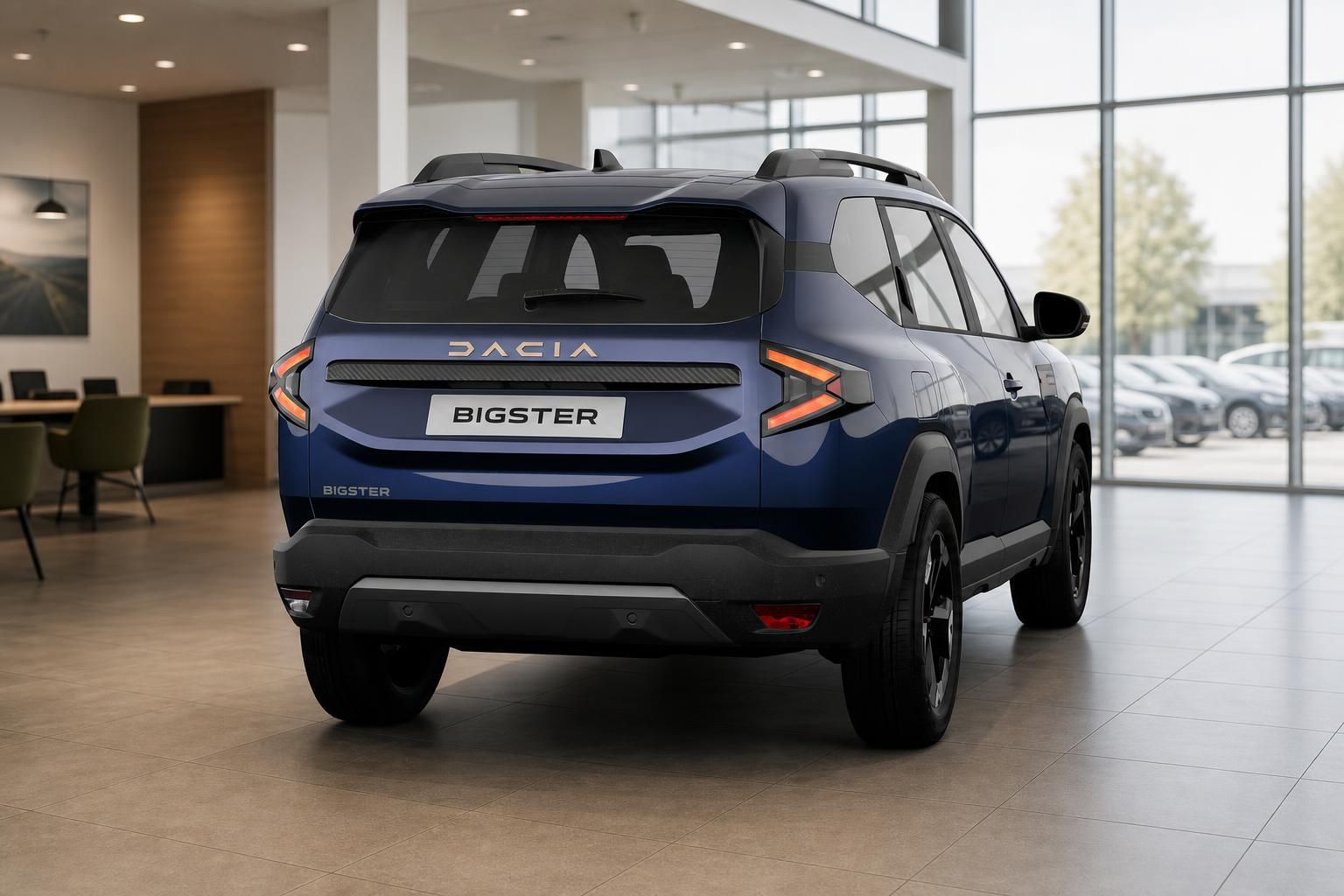 Dacia Bigster in Blau, Heckansicht im Autohaus-Showroom