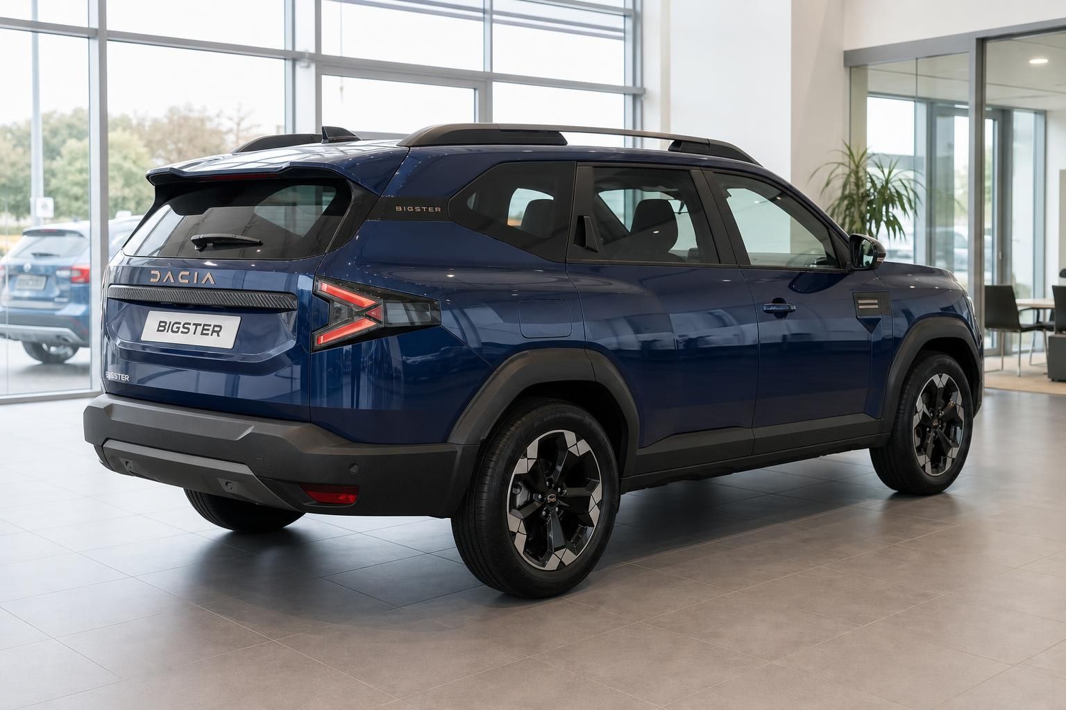 Dacia Bigster blau, Heck-Seitenansicht im Autohaus-Showroom
