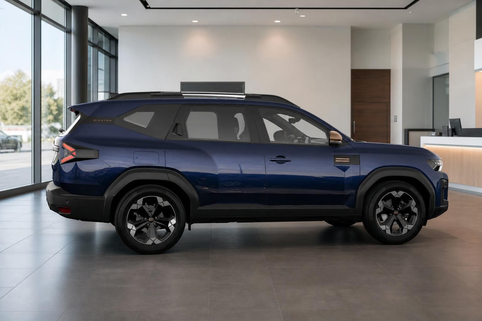 Dacia Bigster blau metallic, Seitenansicht im Showroom