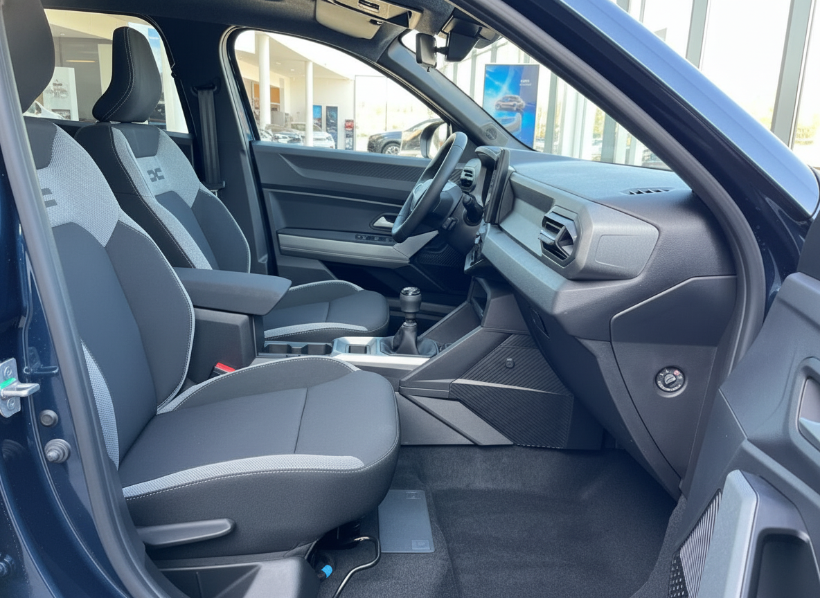 Fahrzeuginnenraum mit schwarzen Sportsitzen und Mittelkonsole mit Schaltgetriebe