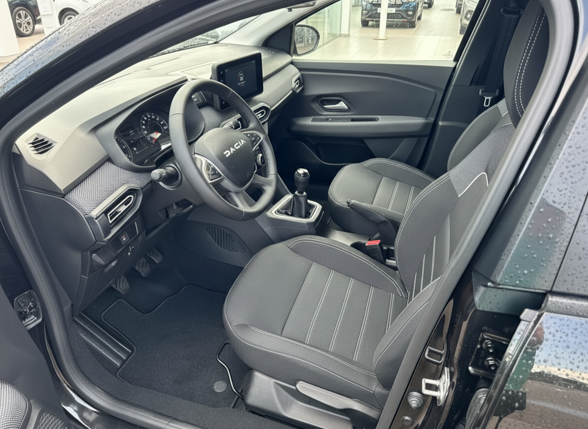 Dacia Innenraum Fahrersitz mit Lenkrad, Infotainment-Display und Schaltgetriebe in Schwarz
